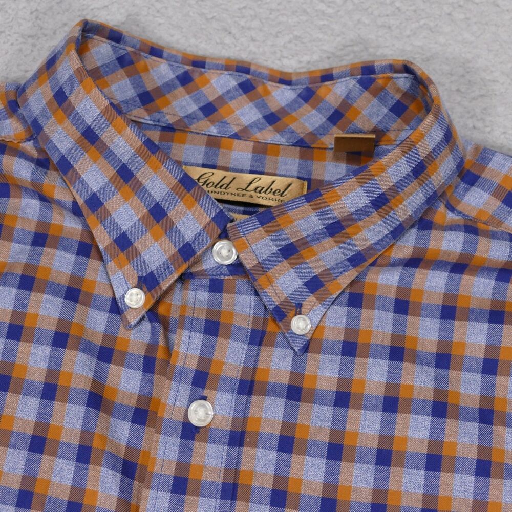 Roundtree Yorke Gold Label Shirt Men 2XB Blue Orange Plaid Button Up Long Sleeve